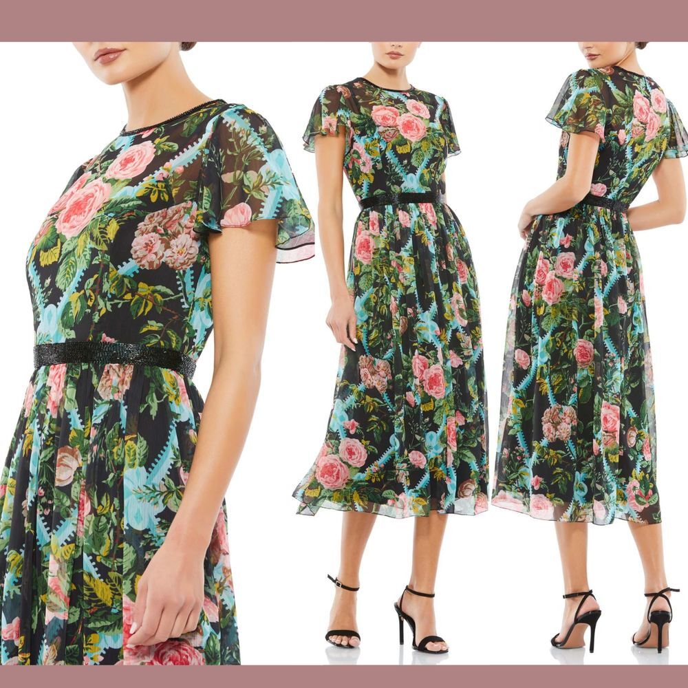 NWT $498 Mac Duggal [ 16 ] 9149 Floral Illusion Cap Sleeve Midi‎ Dress Black